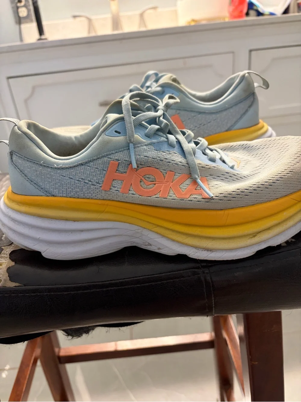 Hoka Light Blue & Yellow Platform Running Sneakers with Peach Logo - Picture 5 of 7